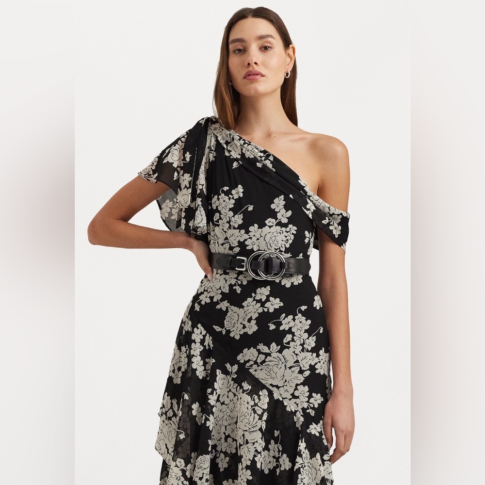 Black and White Floral Ruffled Off-the-Shoulder Maxi Dress